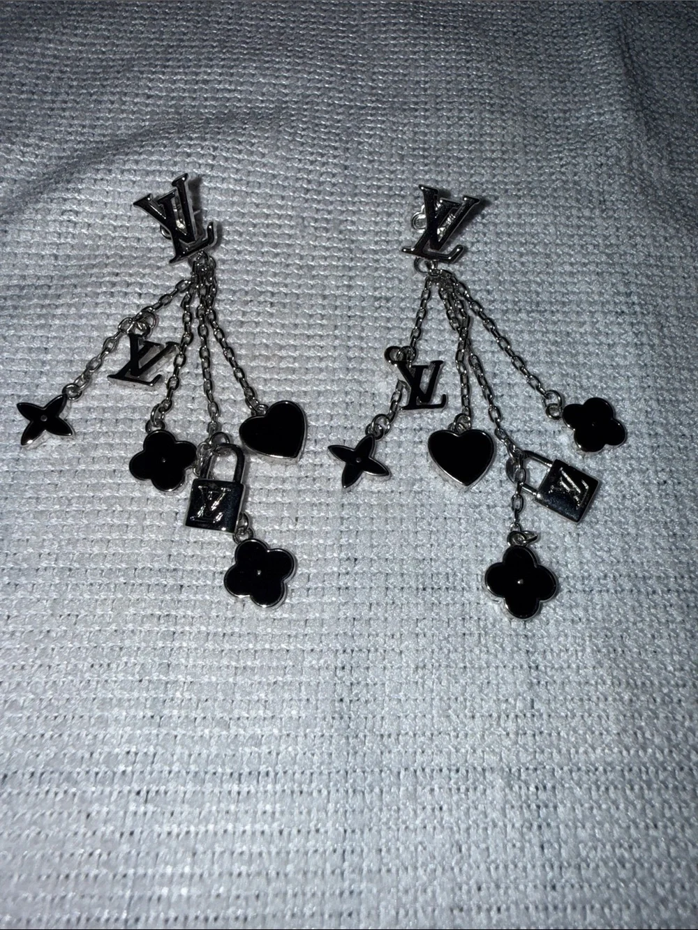 Louis Vuitton Monogram Sweet Black Enamel Silver Charm Dangle Drop Earrings